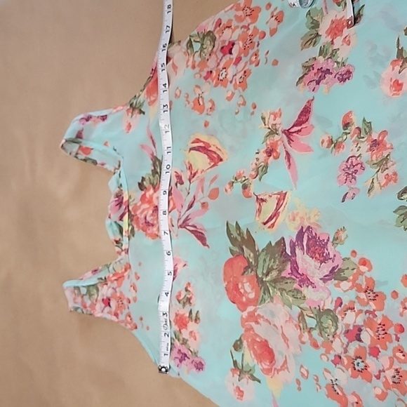 Forever 21 Light Blue Floral High Low Hem Tie Back Sheer Sleeveless Blouse - Picture 8 of 12